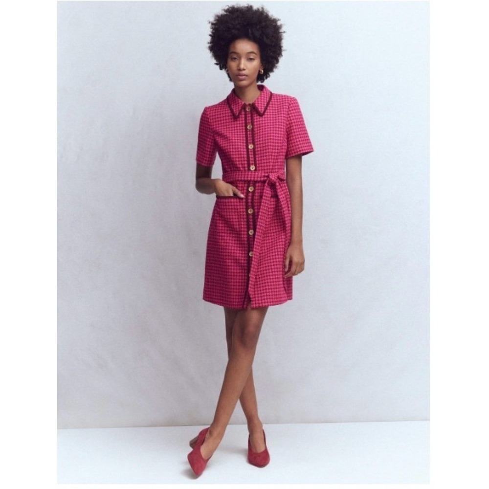 Boden Pink Houndstooth Tweed Mini Dress Short Sleeve Button Front Belted | 12L - Picture 2 of 6